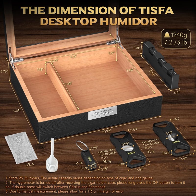 TISFA Cigar Humidor Box Cigar Accessories Set, Includes V Cutter, Straight Cutter, Hole Punch, Digital Hygrometer, Adjustable Humidifier, Divider, Cedar Wood Desktop Humidor Airtight Cigar Case - Image 2